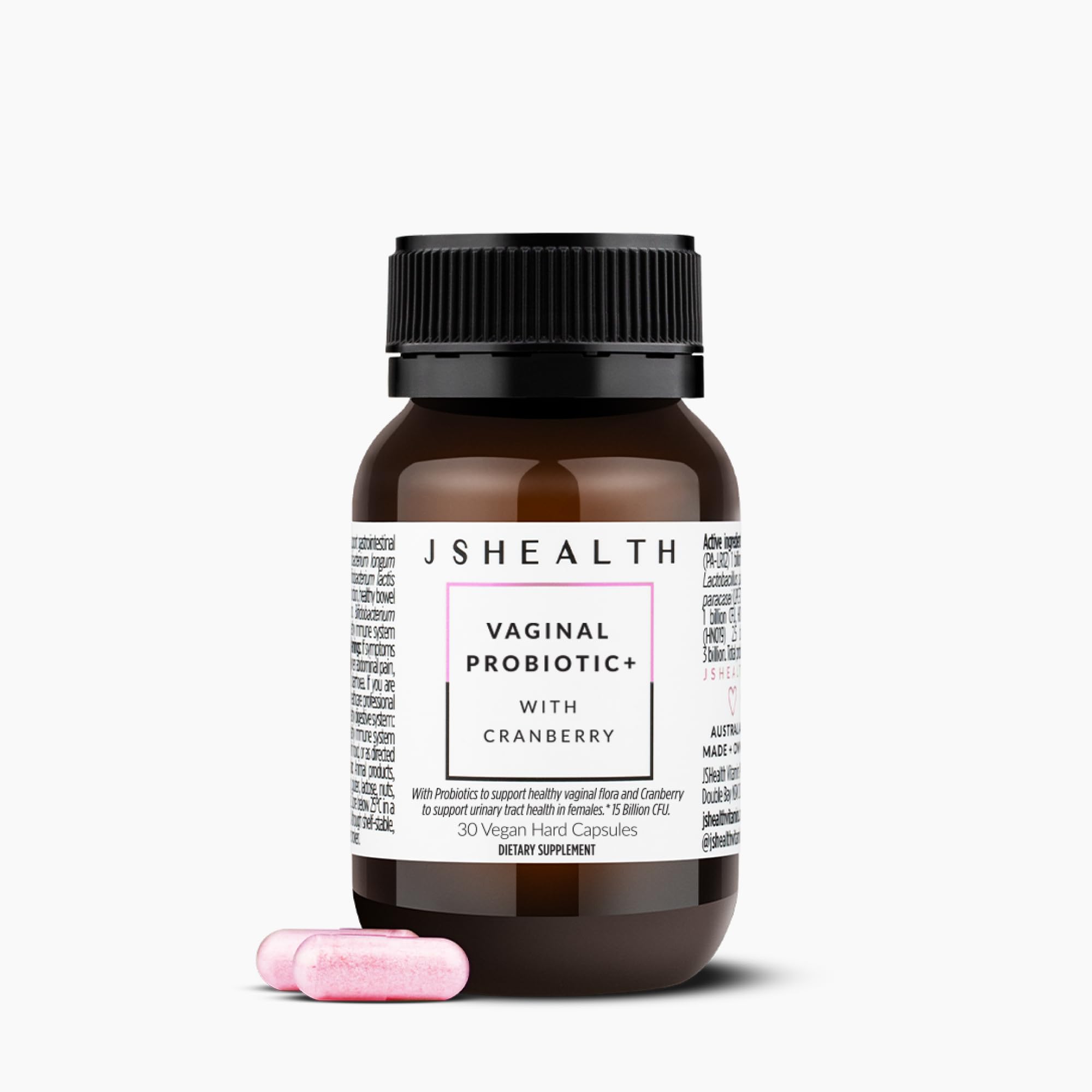JSHealth Vaginal Probiotic capsules close-up illustrating daily balance support.