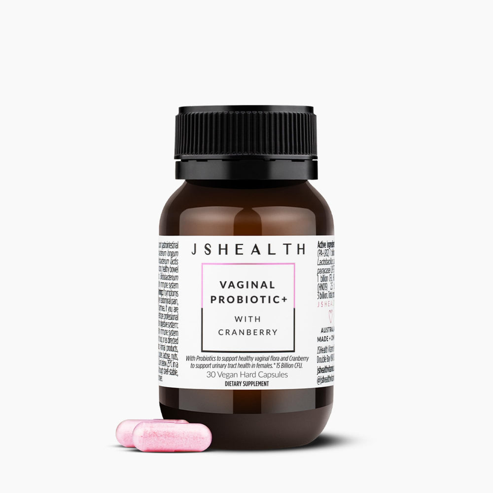 JSHealth Vaginal Probiotic capsules close-up illustrating daily balance support.