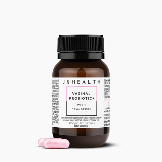 JSHealth Vaginal Probiotic capsules close-up illustrating daily balance support.