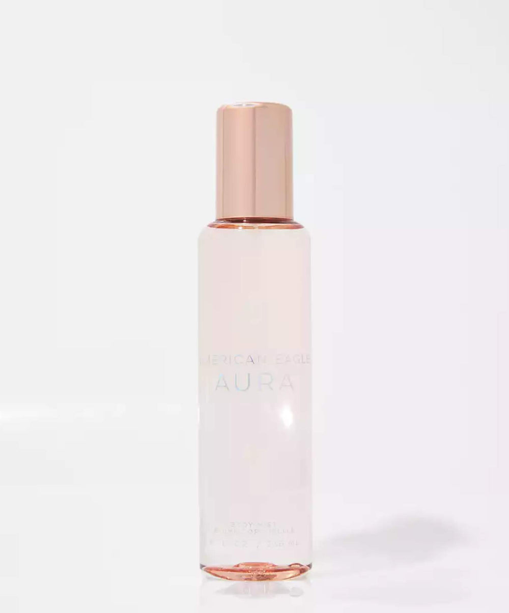 JU American USA Tees AEO Aura fragrance mist bottle, floral freshness and subtle warmth