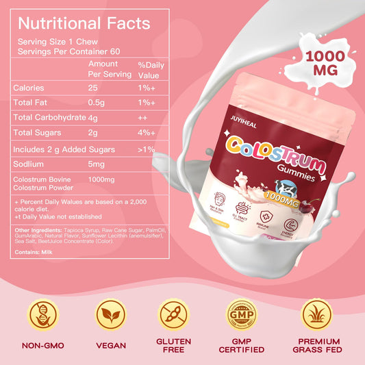 JUYIHEAL colostrum gummies bottle and chews offer convenient on-the-go support.