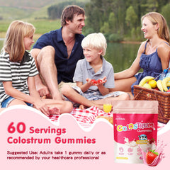 JUYIHEAL Colostrum Gummies closeup texture showcases soft chew and easy consumption.