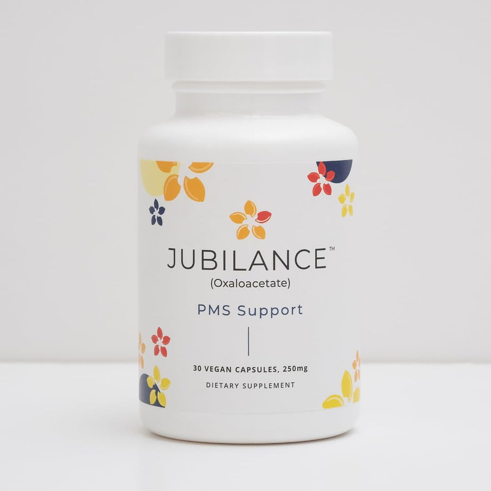 Jubilance PMS Support capsules close-up highlights vegan, hormone-free option.