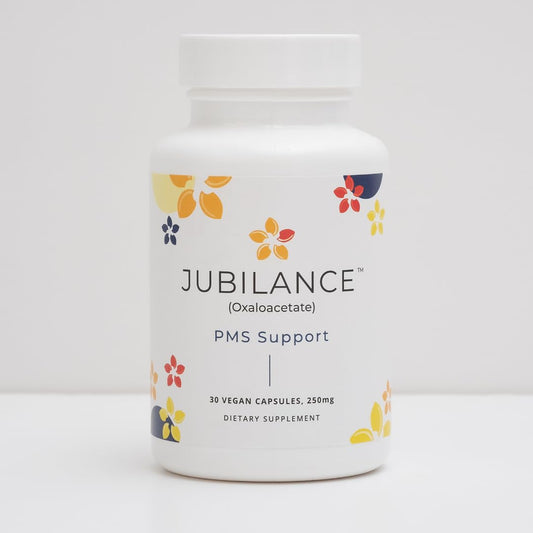 Jubilance PMS Support capsules close-up highlights vegan, hormone-free option.