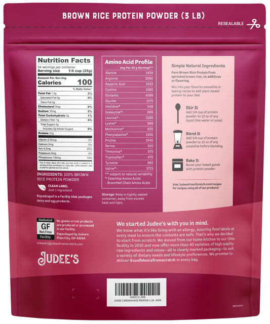 Judee's Brown Rice Protein Powder scoop in glass shake for easy smoothies.