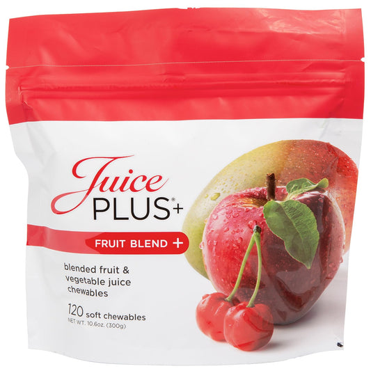 Juice Plus+ Fruit Blend Soft Chews bottle offering convenient vegan vitamins.