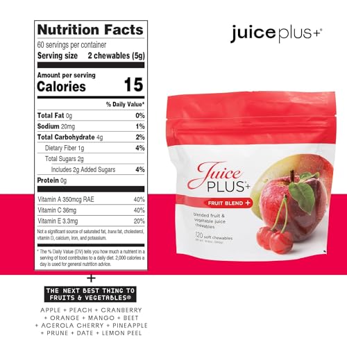 Juice Plus+ Fruit Blend Soft Chews front-label highlights 11 fruits.