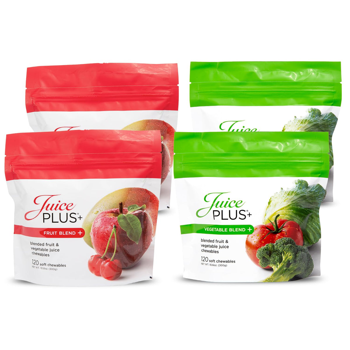 Juice Plus+ soft chews bottle front, convenient daily nutrition.