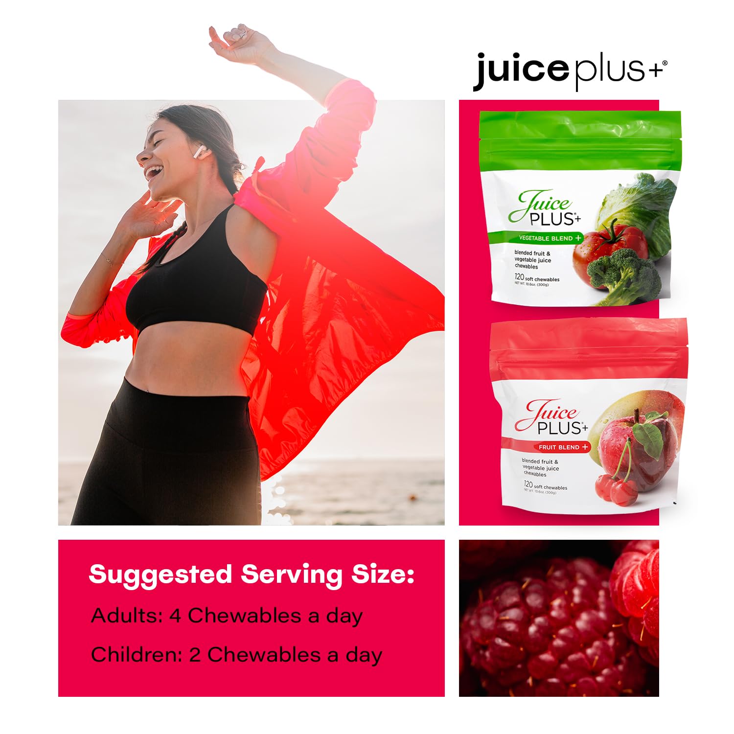 Juice Plus+ soft chews with red, orange, and green fruits and vegetables.