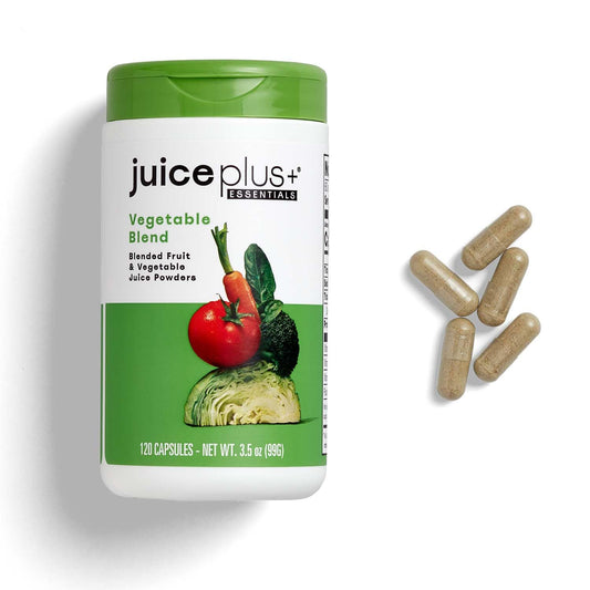 Juice Plus+ Vegetable Blend bottle showing plant-based nutrition for daily wellness.