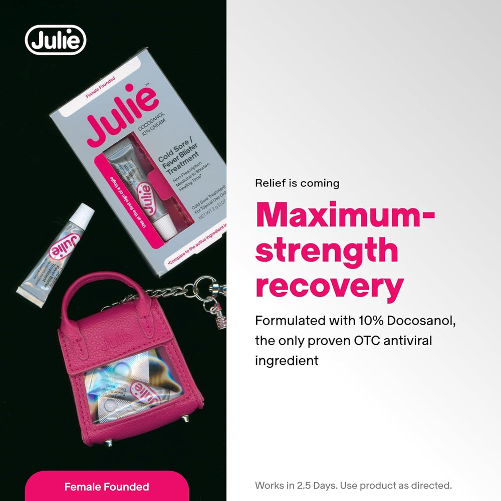 Julie Cold Sore Treatment fits in a purse pocket for fast access.