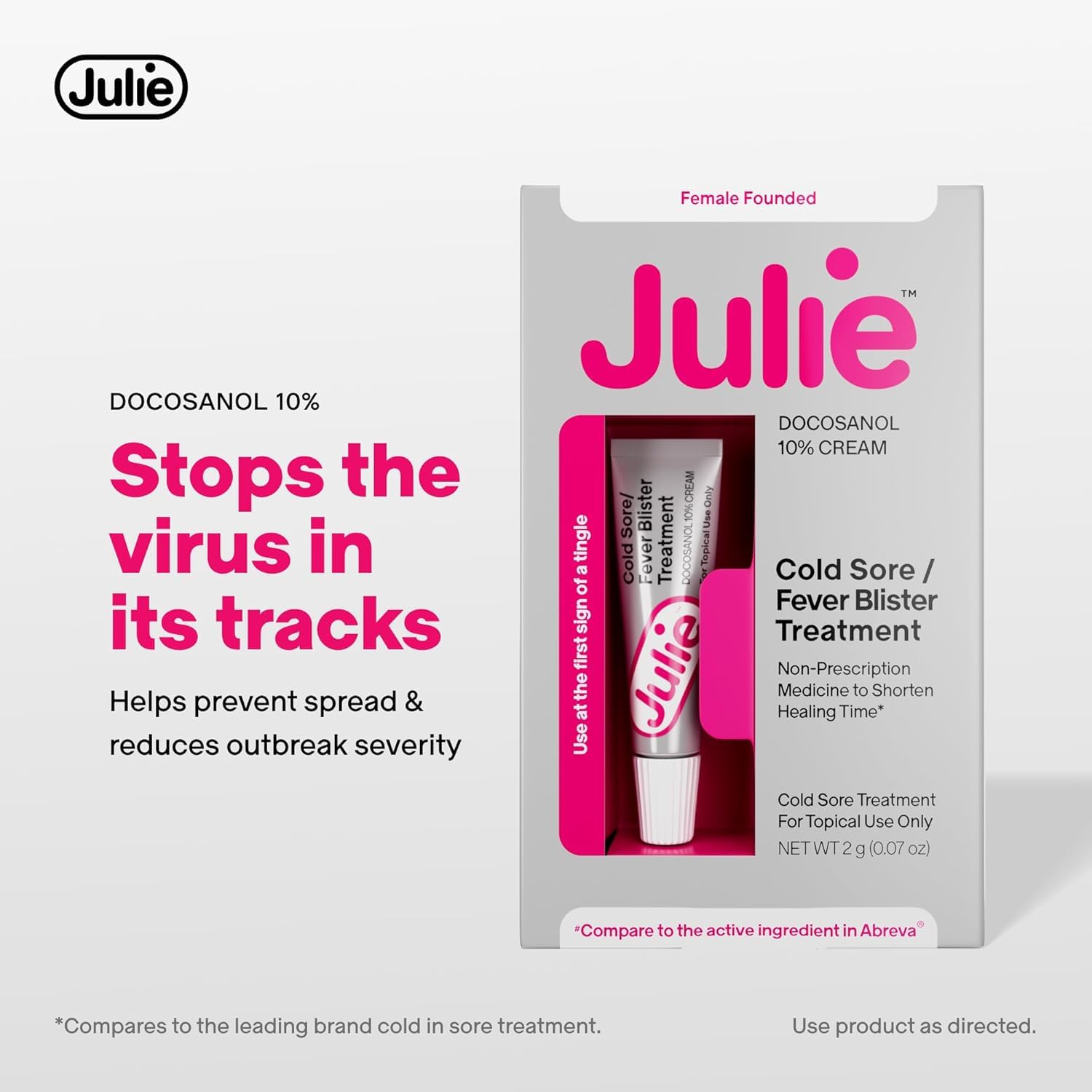 Julie Cold Sore Treatment compact tube with clear branding.
