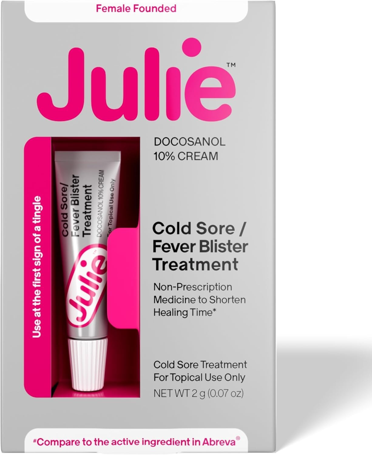Julie Cold Sore Treatment tube front view for quick on-the-go relief.