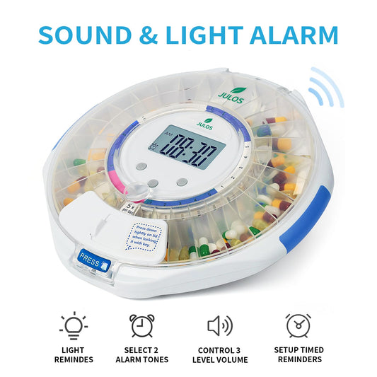 JULOS 28-day pill dispenser with easy-read LCD ideal for clear dosing reminders.