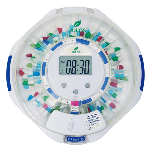 JULOS 28-day pill dispenser front view showing compact design for daily independent use.