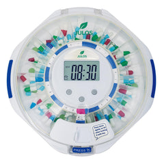 JULOS 28-day pill dispenser front view showing compact design for daily independent use.