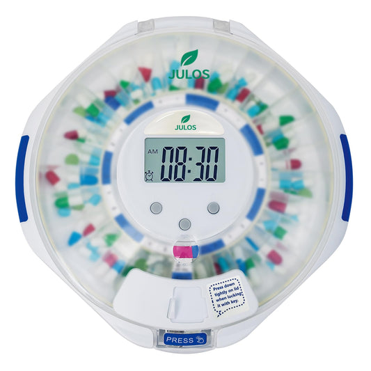 JULOS 28-Day Pill Dispenser with locked lid for private storage.