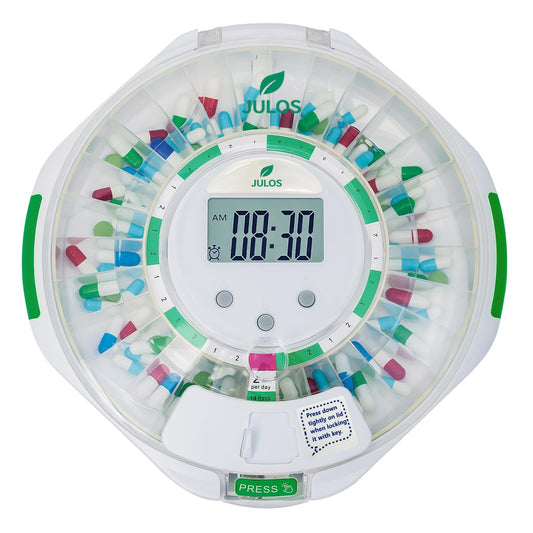 JULOS 28-day pill dispenser front view for easy daily planning