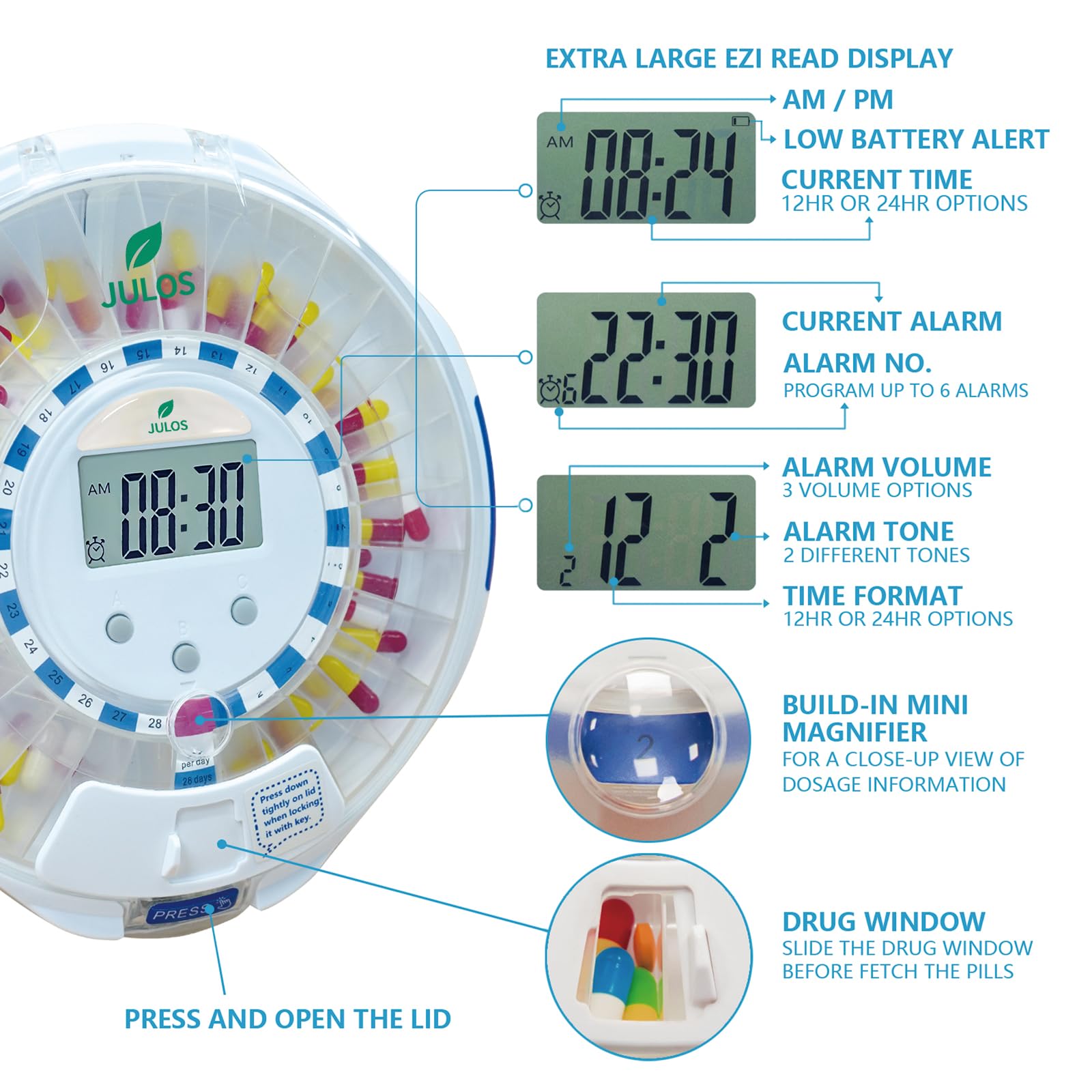 JULOS 360-degree LED halo flashes with alarms for visibility.