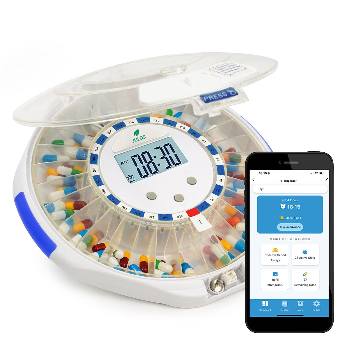 JULOS Bluetooth pill dispenser front view showing compact daily-access design.