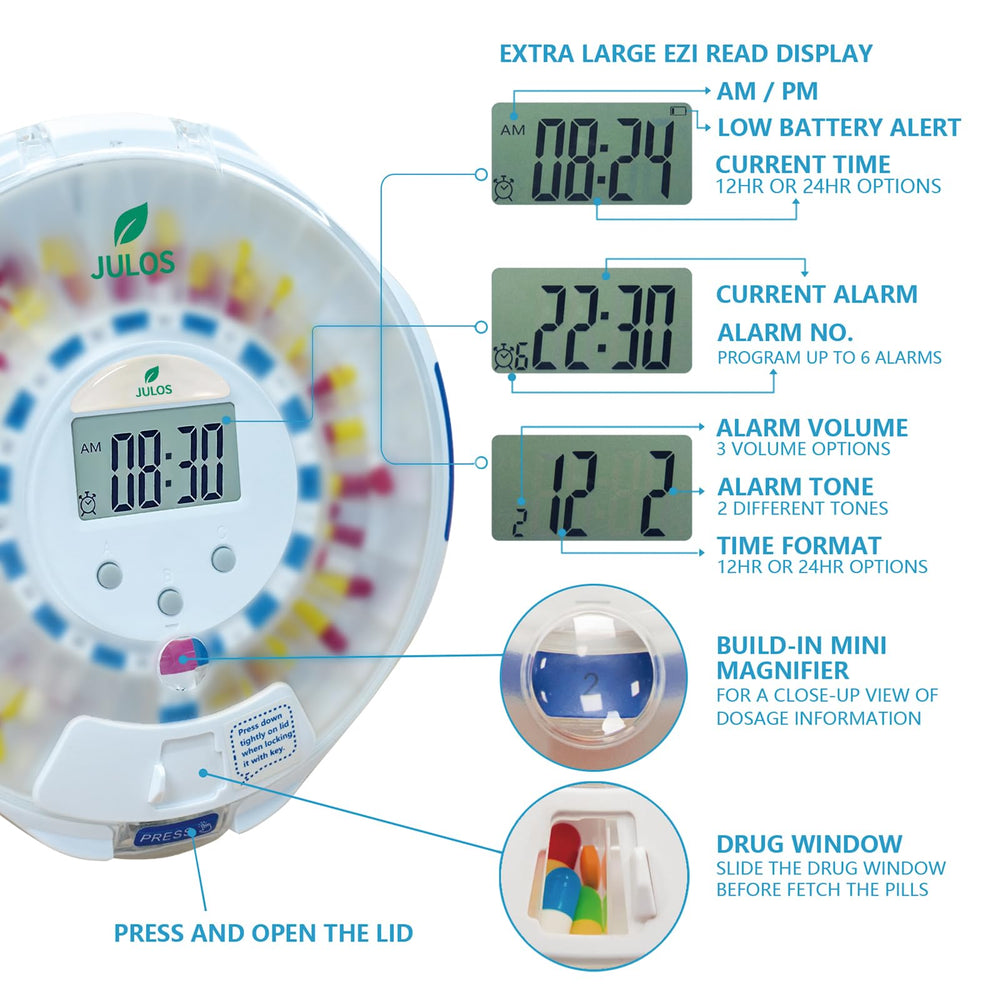 JULOS easy-grip front for simple pill retrieval and handling.