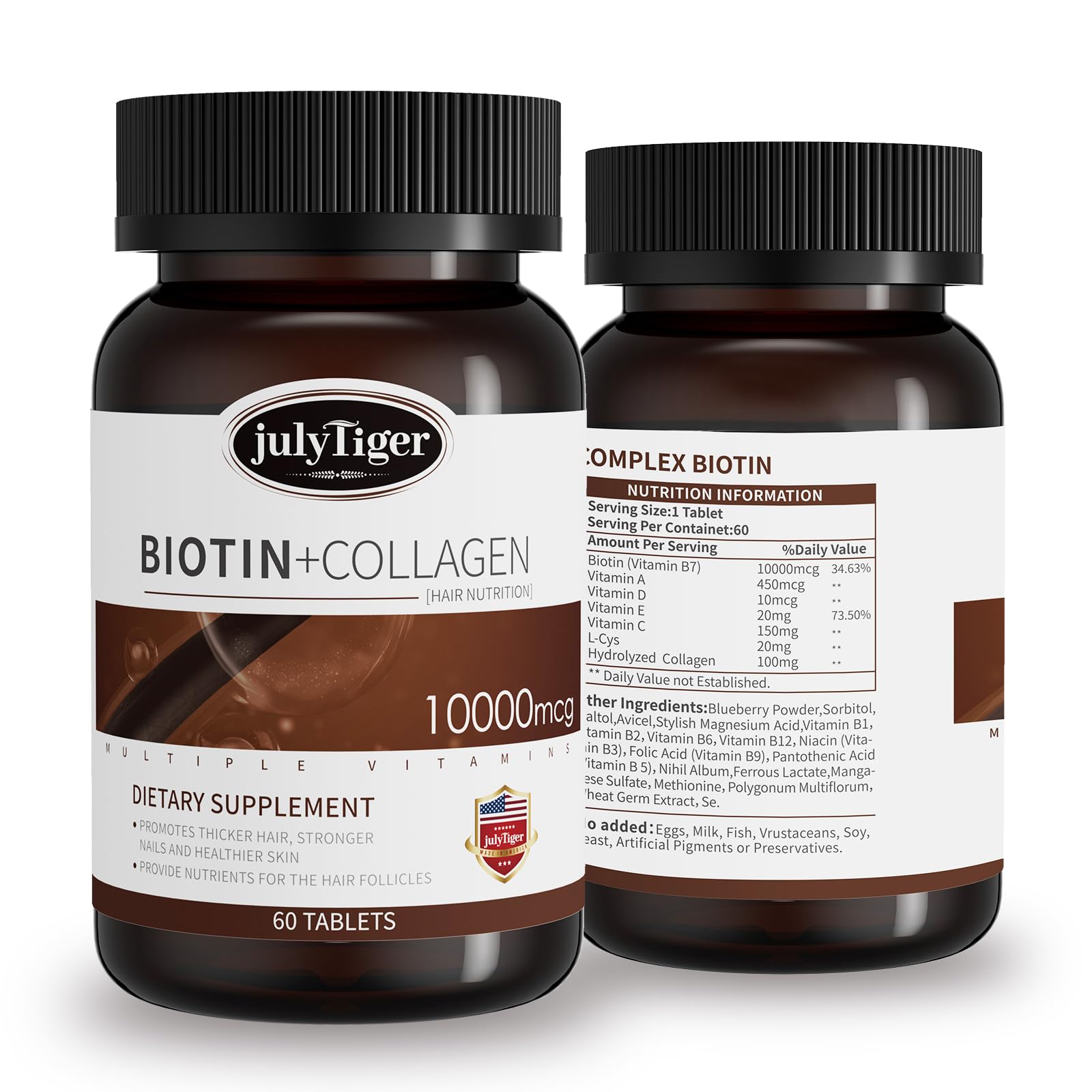 julytiegr biotin-collagen bottle for daily hair and nail support.