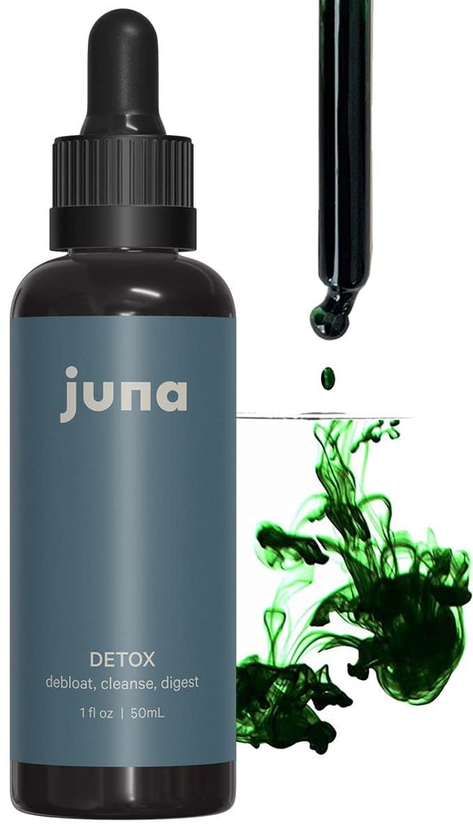 Juna Chlorophyll Liquid Drops bottle highlighting a minty lemon flavor for daily hydration.