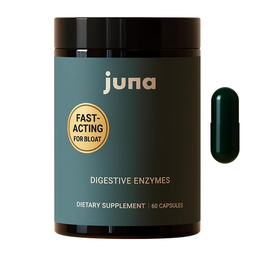 Juna Digestive Enzymes bottle front signals daily gut comfort support