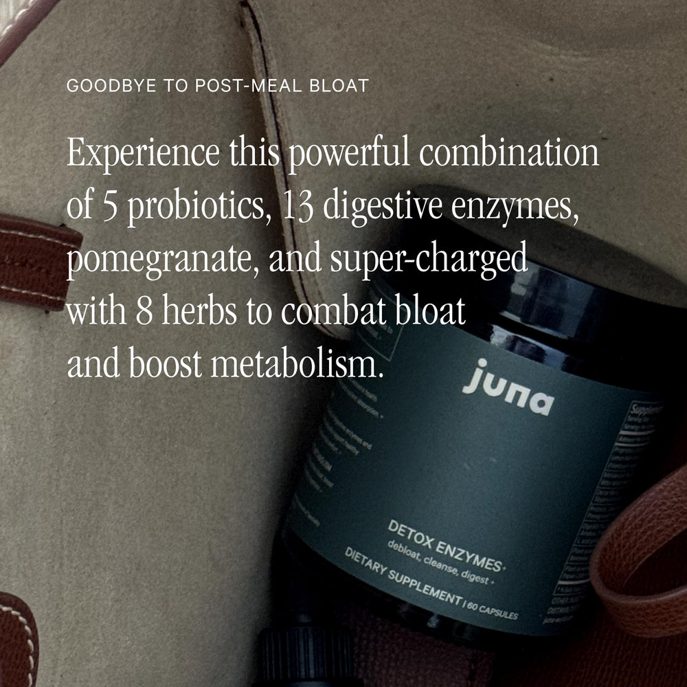Juna Digestive Enzymes capsules closeup highlights enzymes and probiotics for efficient digestion