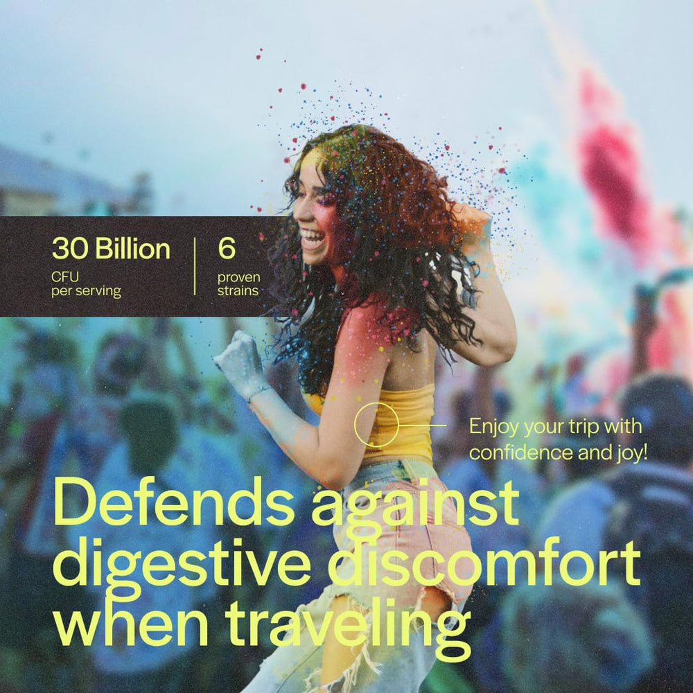 June Science Travel + Defense bottle highlighting 30B CFUs for gut balance on the road