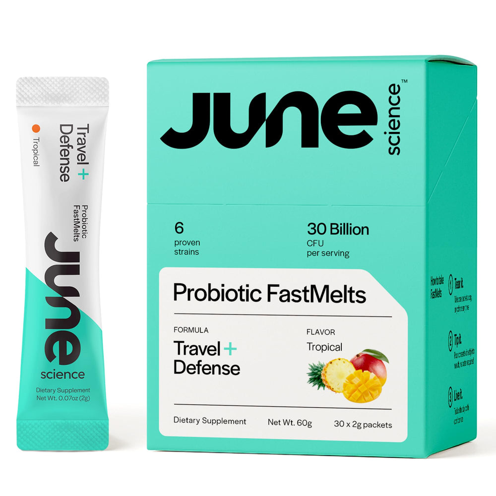 June Science Travel + Defense tropical sachets on-pack for travel-friendly probiotic support