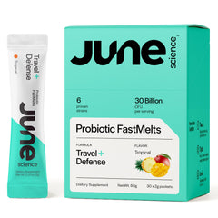 June Science Travel + Defense tropical sachets on-pack for travel-friendly probiotic support
