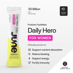 June Science Daily Hero 30B CFUs icon emphasizes strong probiotic blend for gut balance.