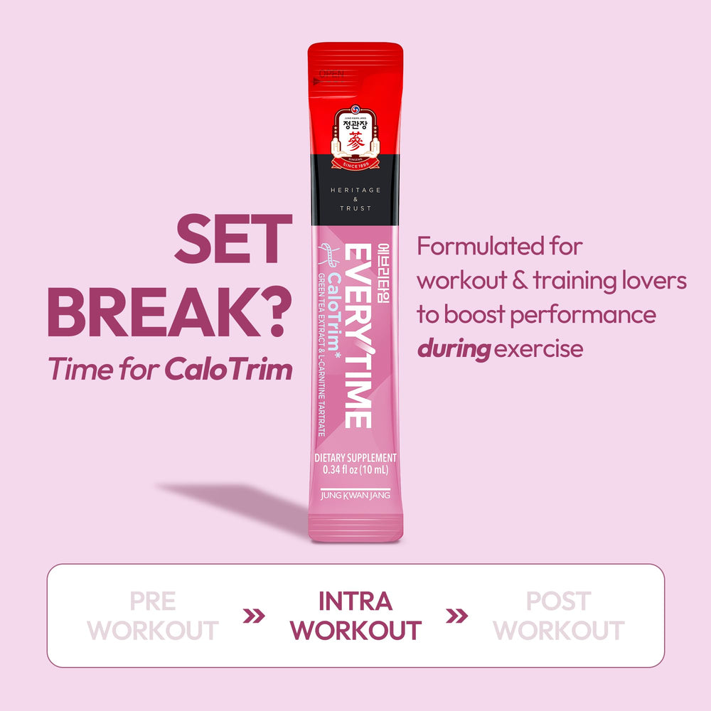Jung Kwan Jang Everytime CaloTrim Red Ginseng ingredient shows steady vitality during workouts.