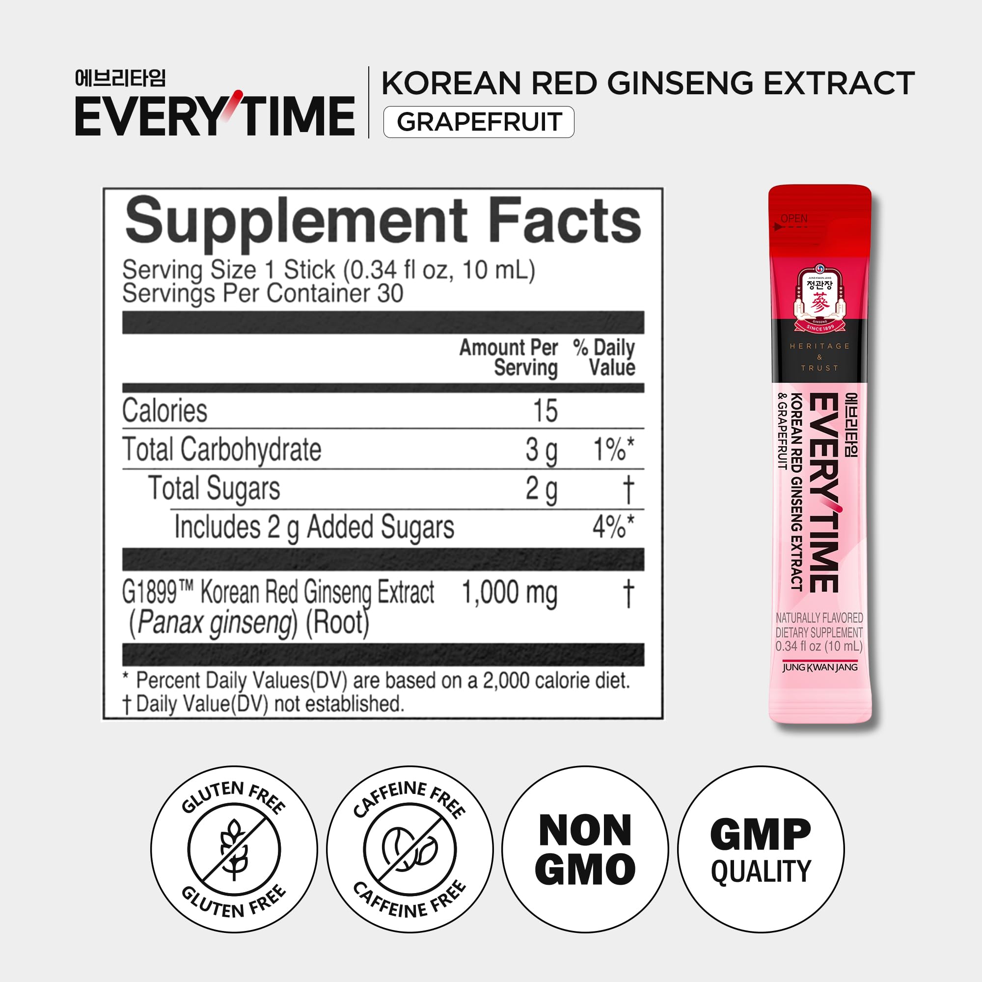 Jung Kwan Jang Everytime energy stick 1,000 mg per stick label emphasizes potent extract.