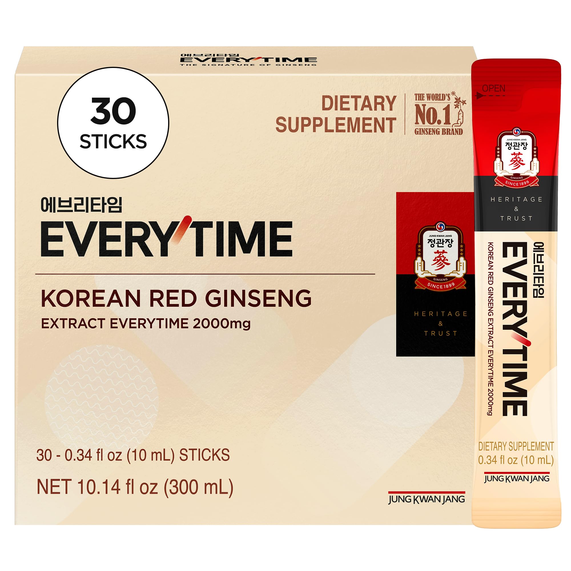 Jung Kwan Jang Everytime red ginseng stick packaging highlights convenient, caffeine-free energy support.