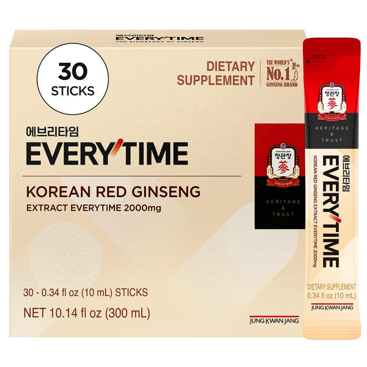 Jung Kwan Jang Everytime red ginseng stick packaging highlights convenient, caffeine-free energy support.