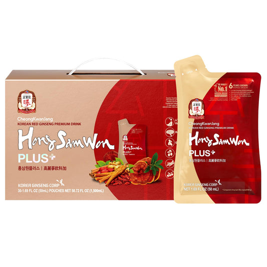 Jung Kwan Jang HongSamWon Plus tea bottle pour showing a caffeine-free energy option