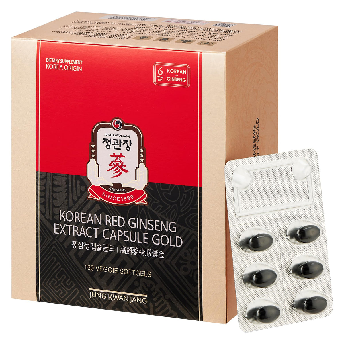 JUNG KWAN JANG Korean Red Ginseng capsules in a gold bottle for premium energy support