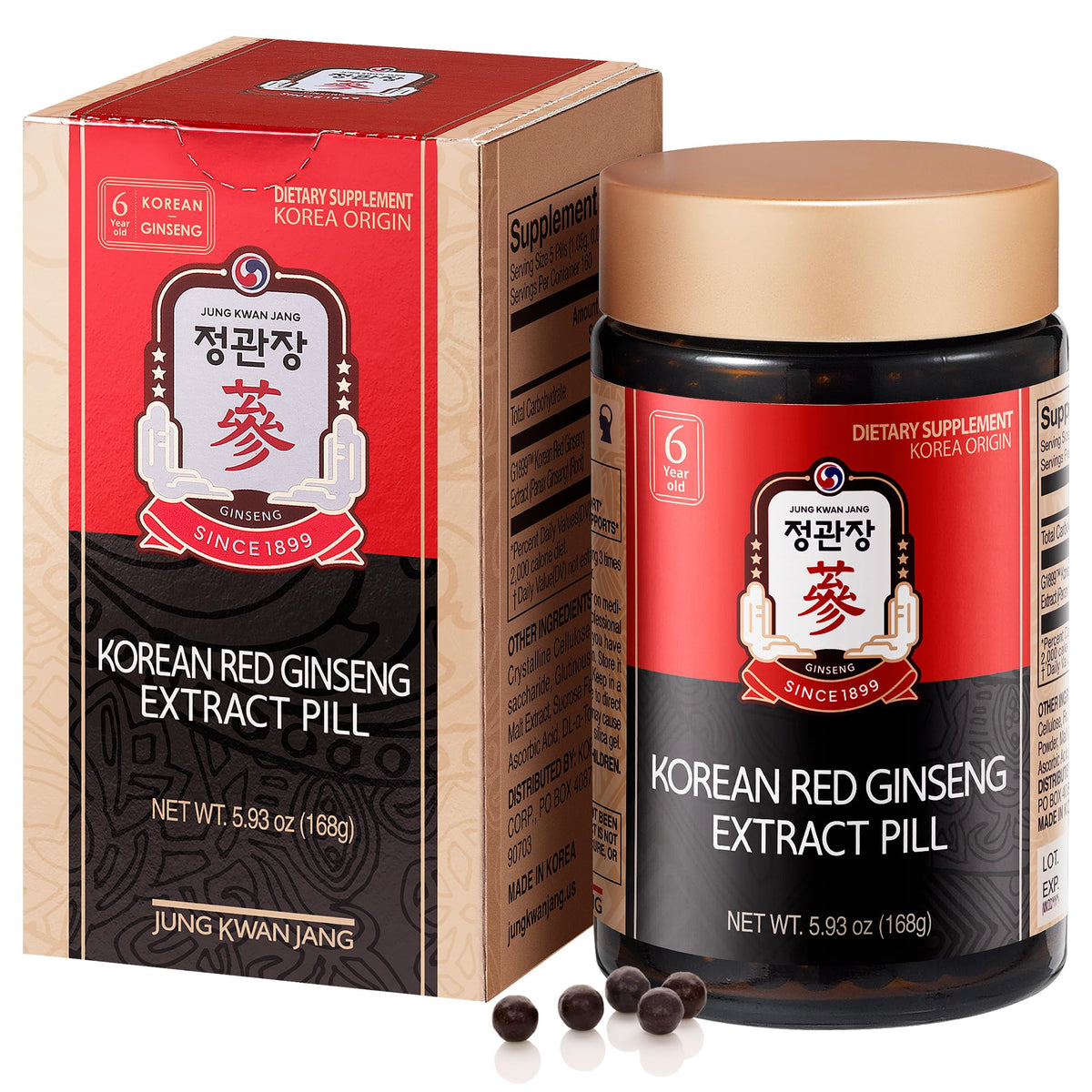 Jung Kwan Jang red ginseng extract bottle front shows caffeine-free energy support.