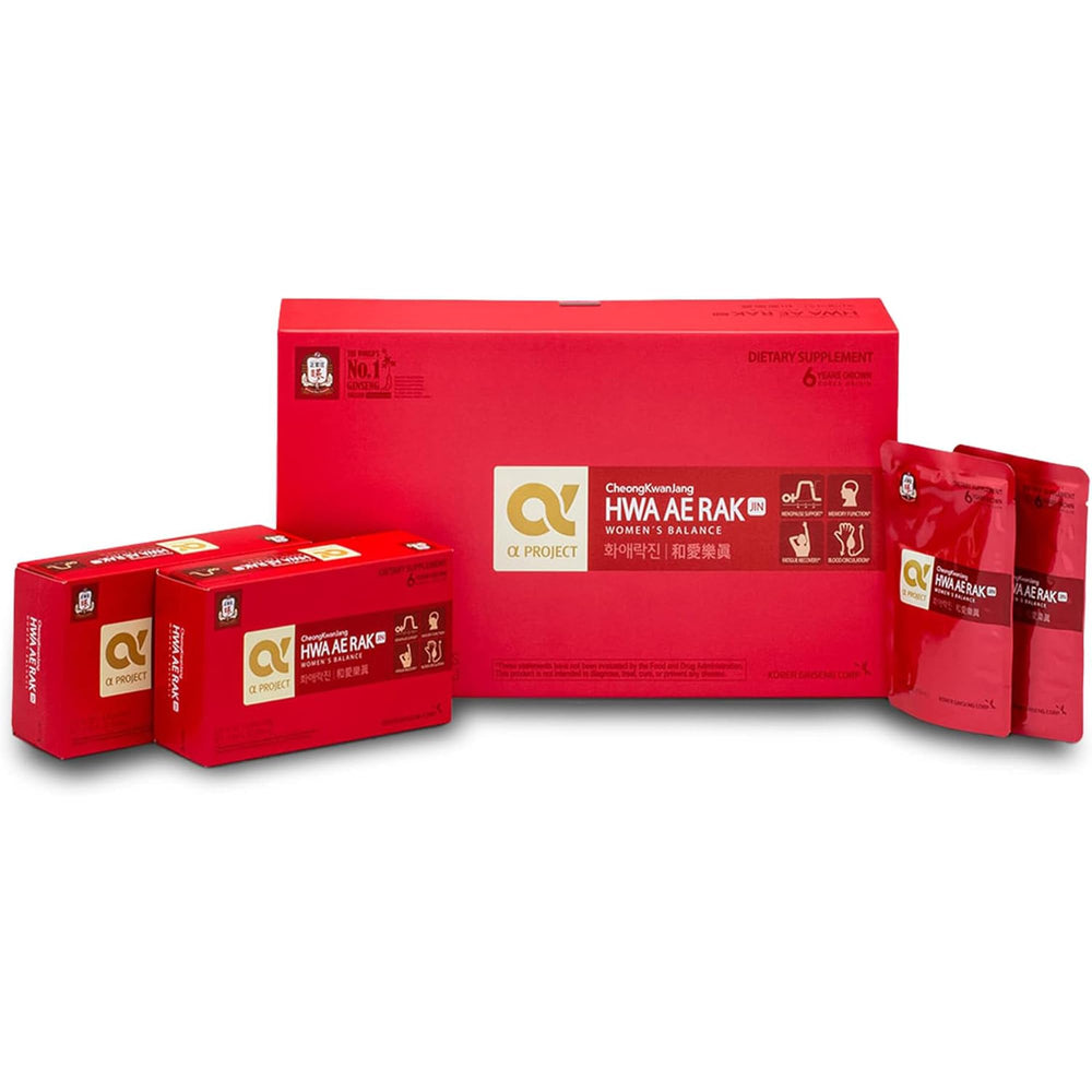 Jung Kwan Jang Women's Balance drink bottle showing six-year red ginseng blend for energy support