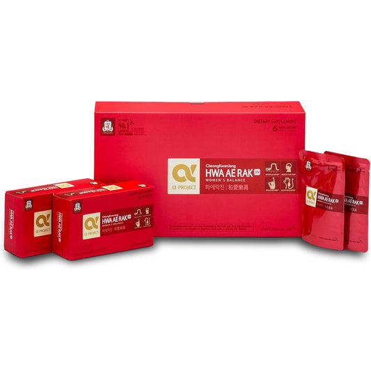 Jung Kwan Jang Women's Balance drink bottle showing six-year red ginseng blend for energy support