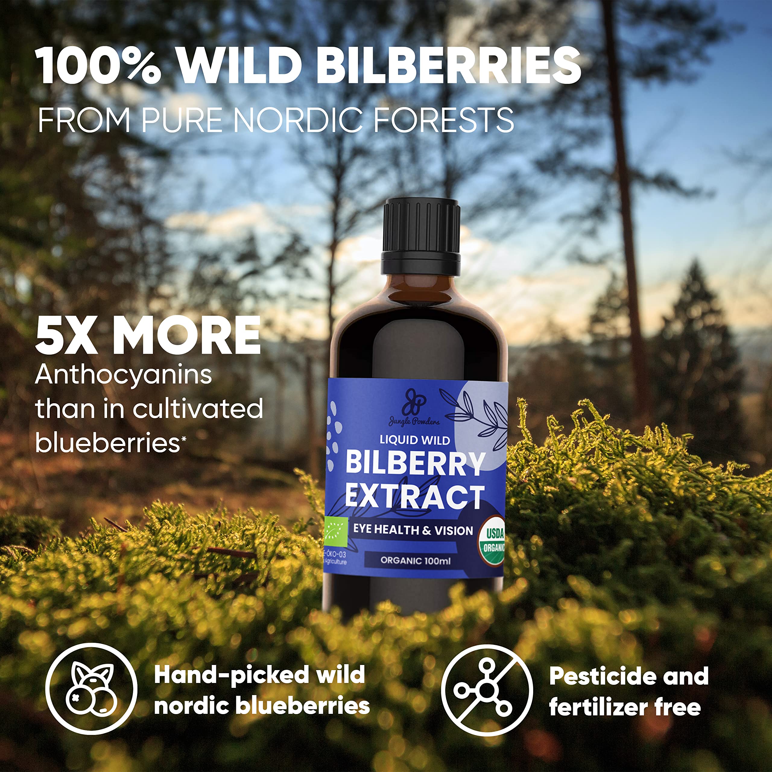 Jungle Powders Liquid Bilberry bottle held for easy daily use