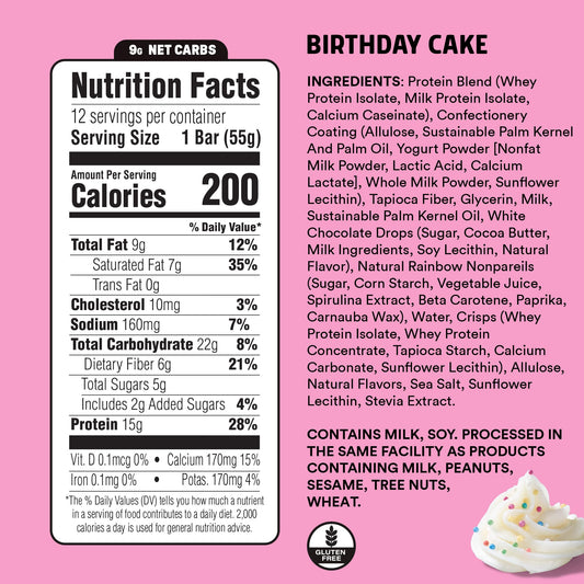 JUNKLESS Birthday Cake bar close-up shows chewy texture and candy-bar appeal