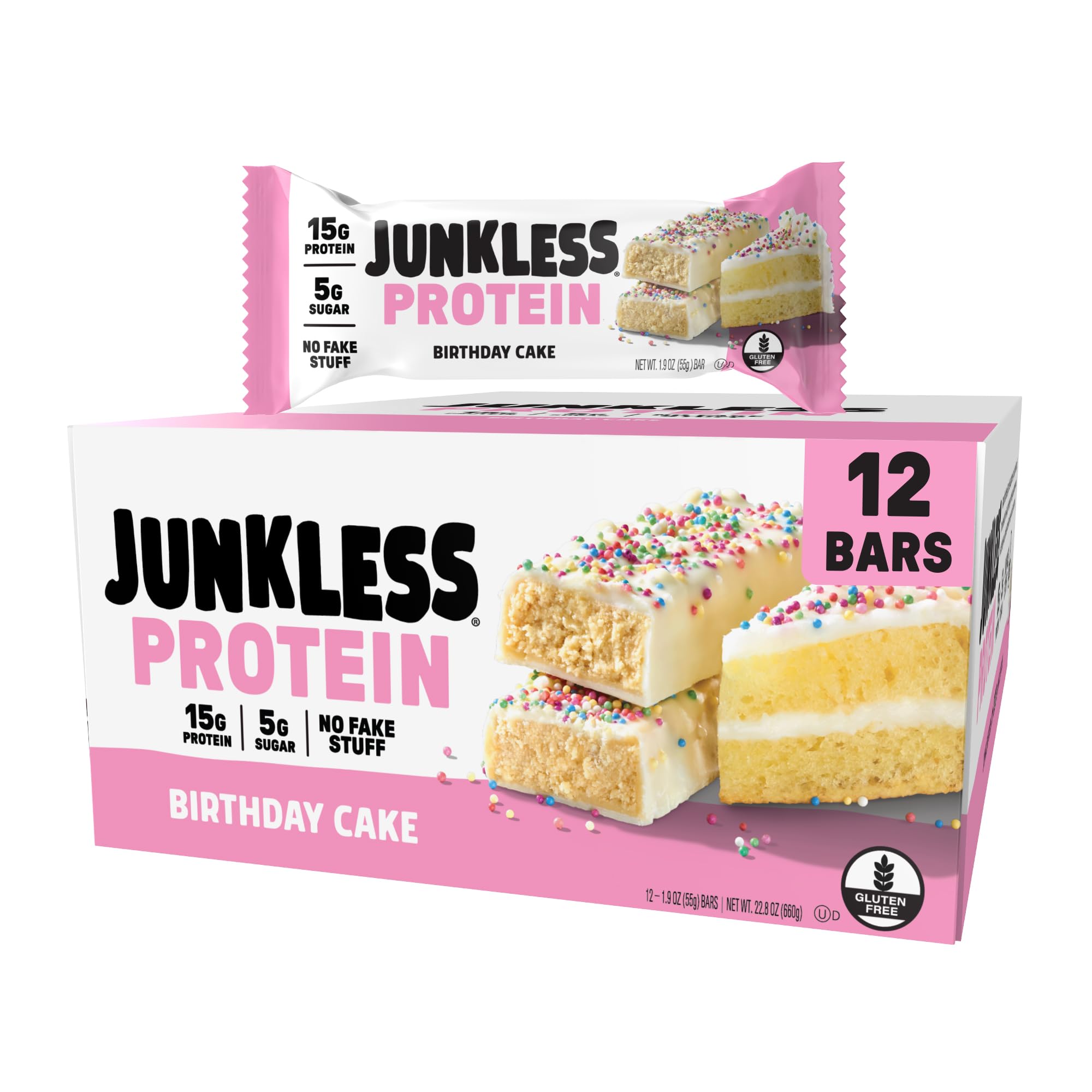 JUNKLESS Birthday Cake protein bar packaging for convenient on-the-go snacking