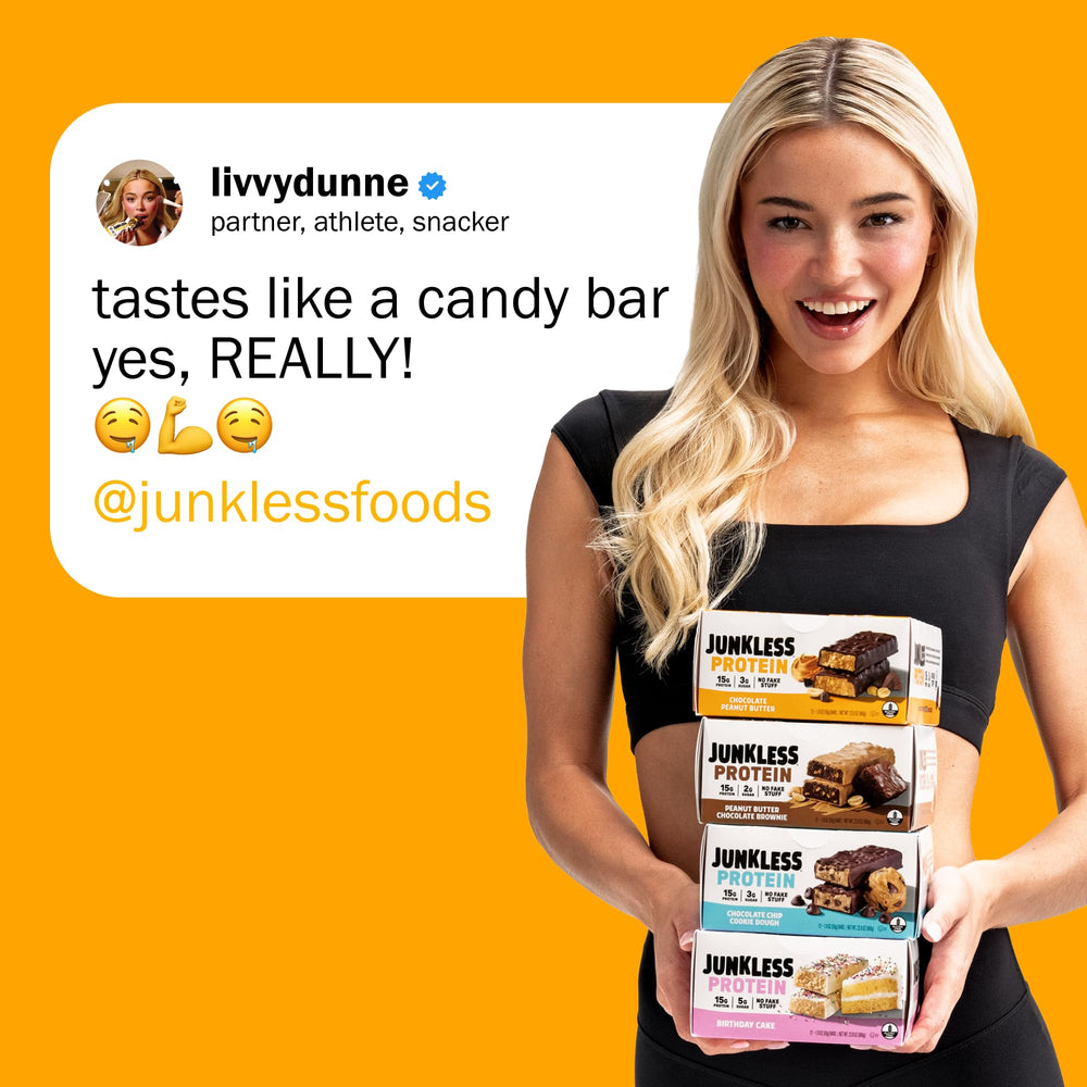 JUNKLESS bar being broken, showing chewy, fiber-rich interior.