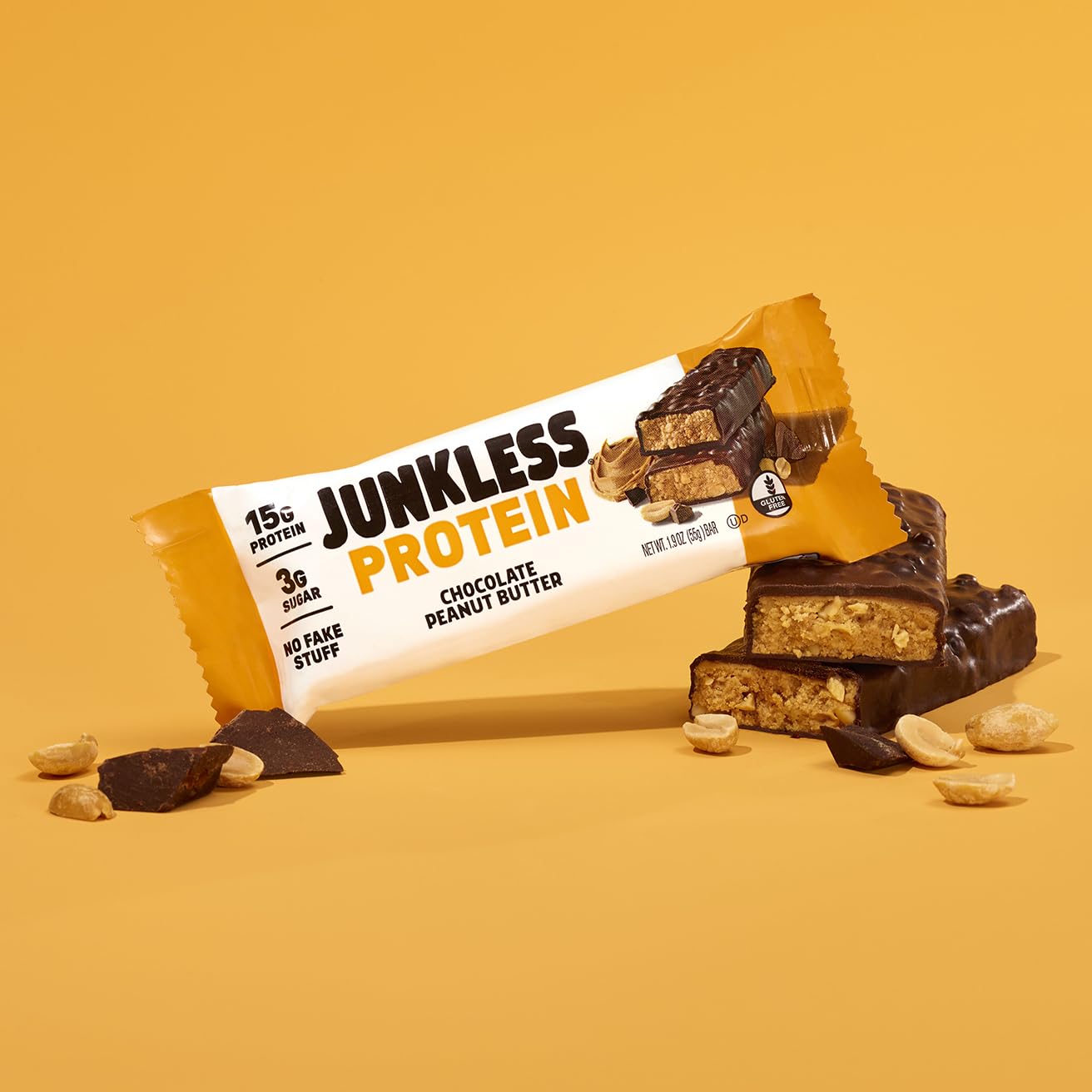 Ingredients panel on Junkless bar packaging, gluten-free claim visible.
