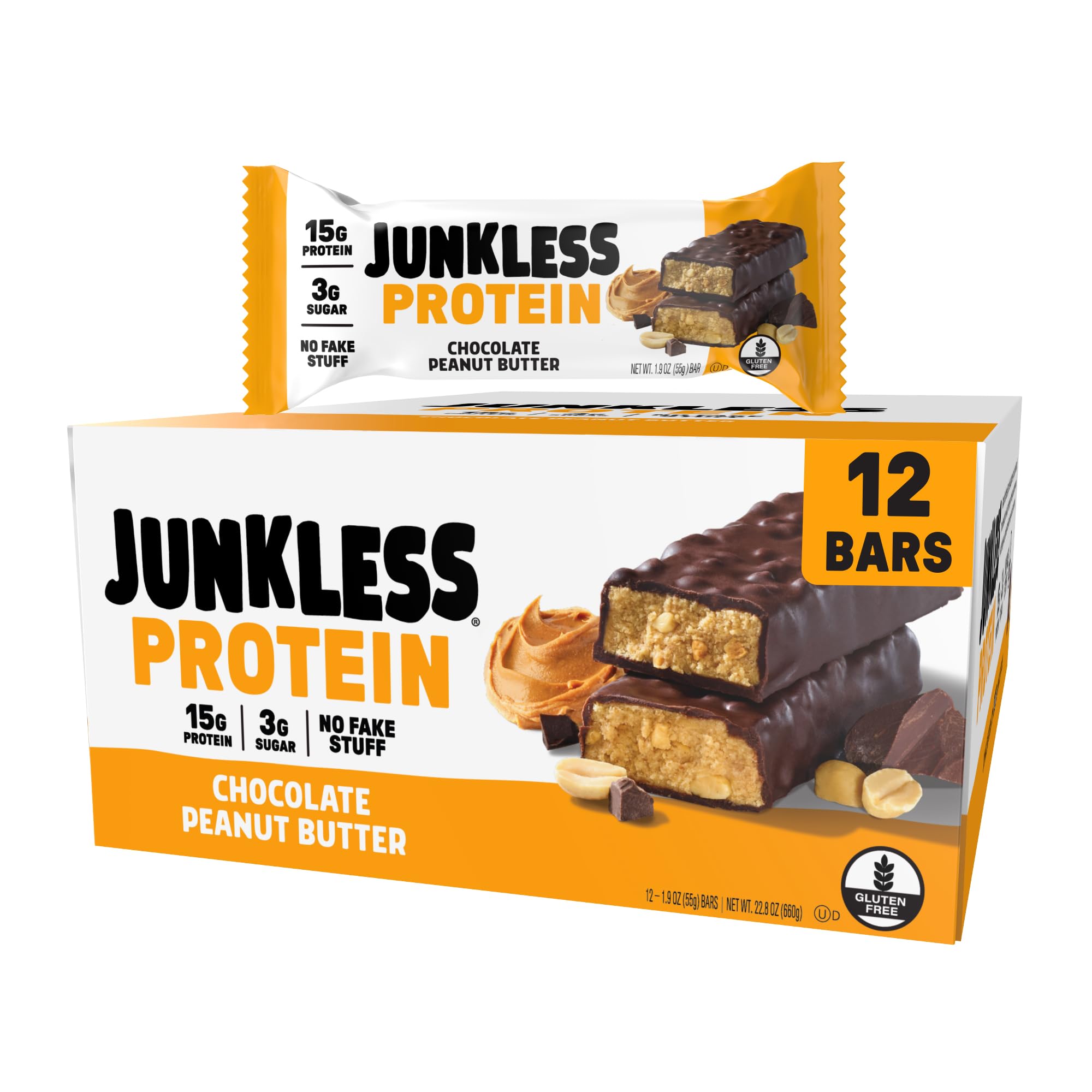 JUNKLESS Chocolate Peanut Butter bar in packaging, ideal for a quick protein on the go.
