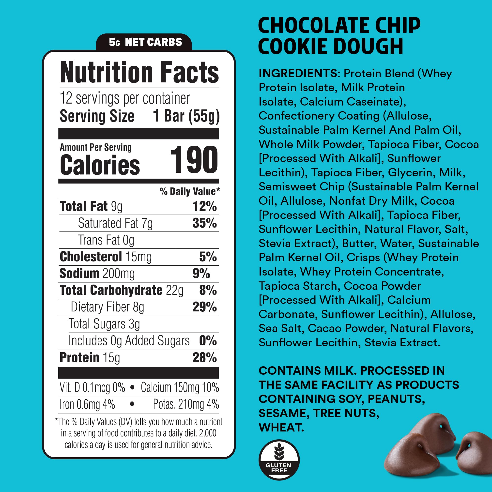 Junkless protein bar chocolate chip cookie dough texture closeup for post-workout fueling.