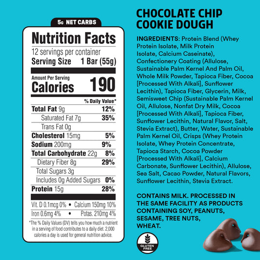 Junkless protein bar chocolate chip cookie dough texture closeup for post-workout fueling.